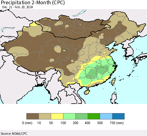 China, Mongolia and Taiwan Precipitation 2-Month (CPC) Thematic Map For 12/21/2023 - 2/20/2024