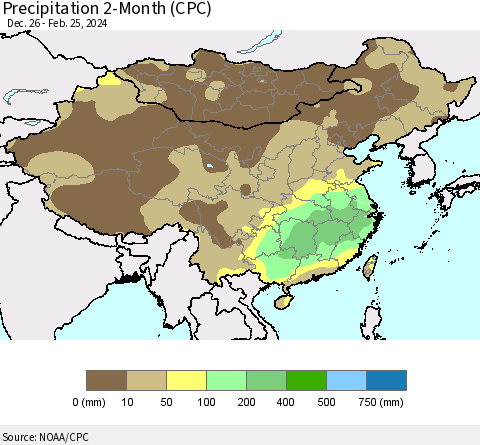 China, Mongolia and Taiwan Precipitation 2-Month (CPC) Thematic Map For 12/26/2023 - 2/25/2024