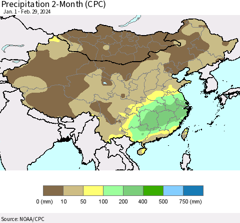 China, Mongolia and Taiwan Precipitation 2-Month (CPC) Thematic Map For 1/1/2024 - 2/29/2024