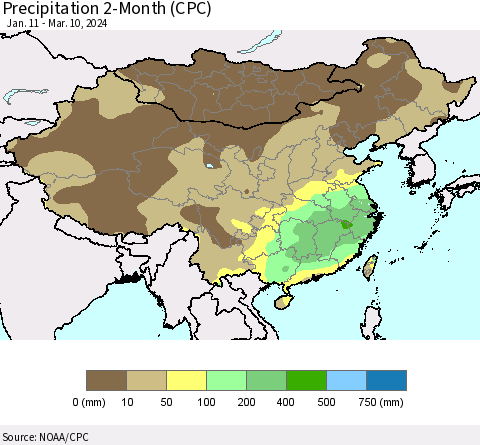 China, Mongolia and Taiwan Precipitation 2-Month (CPC) Thematic Map For 1/11/2024 - 3/10/2024