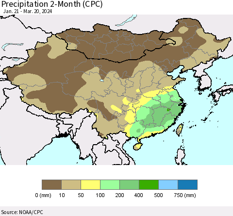 China, Mongolia and Taiwan Precipitation 2-Month (CPC) Thematic Map For 1/21/2024 - 3/20/2024