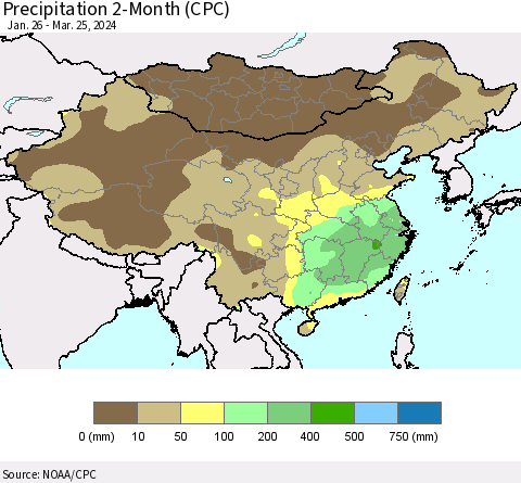China, Mongolia and Taiwan Precipitation 2-Month (CPC) Thematic Map For 1/26/2024 - 3/25/2024