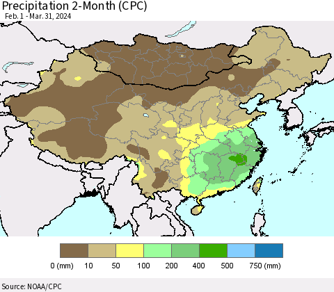 China, Mongolia and Taiwan Precipitation 2-Month (CPC) Thematic Map For 2/1/2024 - 3/31/2024