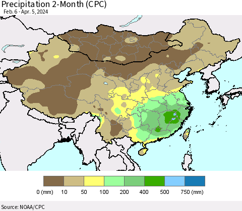 China, Mongolia and Taiwan Precipitation 2-Month (CPC) Thematic Map For 2/6/2024 - 4/5/2024