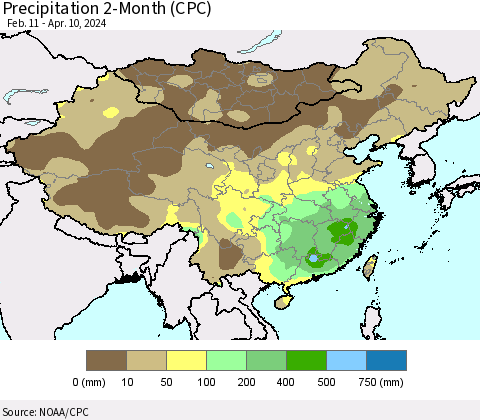 China, Mongolia and Taiwan Precipitation 2-Month (CPC) Thematic Map For 2/11/2024 - 4/10/2024