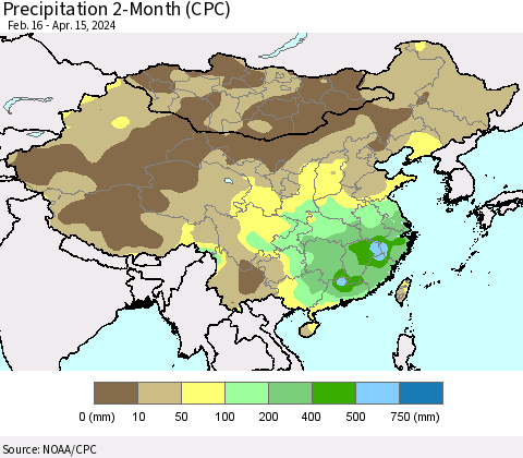 China, Mongolia and Taiwan Precipitation 2-Month (CPC) Thematic Map For 2/16/2024 - 4/15/2024