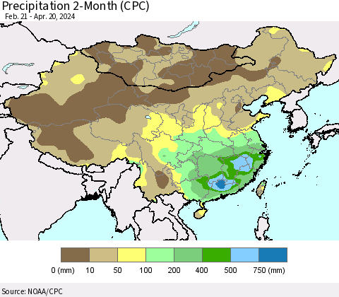 China, Mongolia and Taiwan Precipitation 2-Month (CPC) Thematic Map For 2/21/2024 - 4/20/2024