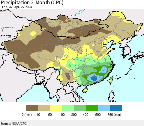 China, Mongolia and Taiwan Precipitation 2-Month (CPC) Thematic Map For 2/26/2024 - 4/25/2024