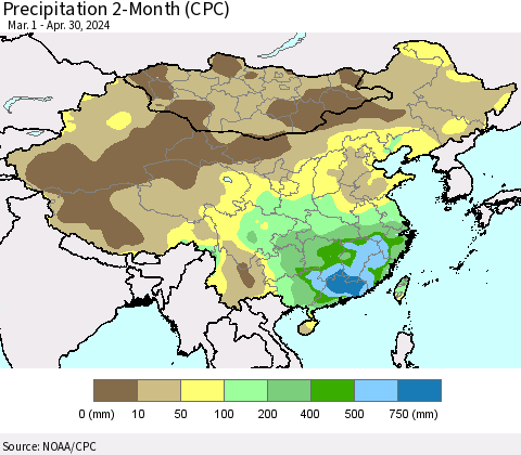 China, Mongolia and Taiwan Precipitation 2-Month (CPC) Thematic Map For 3/1/2024 - 4/30/2024