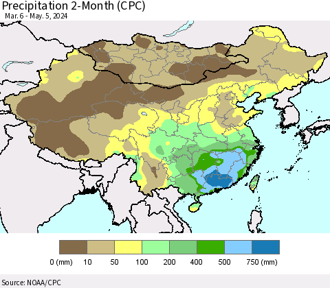 China, Mongolia and Taiwan Precipitation 2-Month (CPC) Thematic Map For 3/6/2024 - 5/5/2024