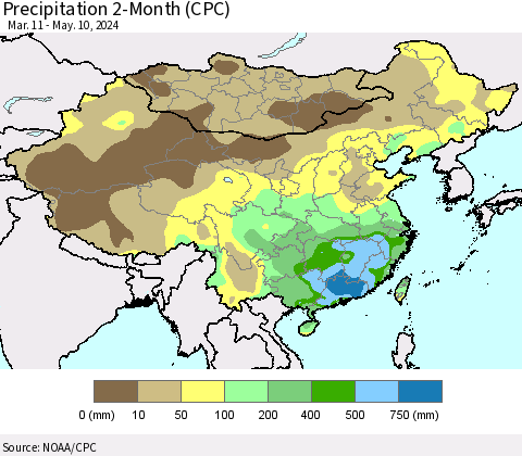 China, Mongolia and Taiwan Precipitation 2-Month (CPC) Thematic Map For 3/11/2024 - 5/10/2024