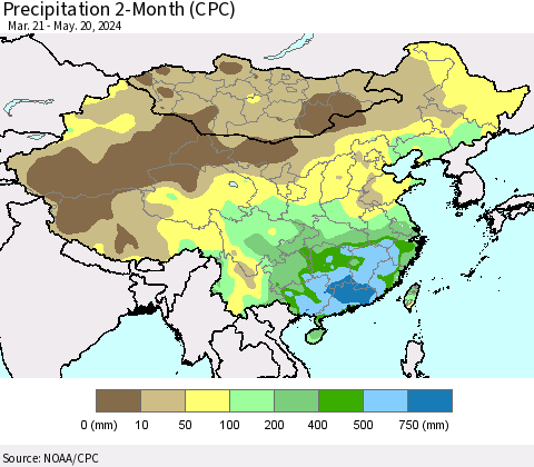 China, Mongolia and Taiwan Precipitation 2-Month (CPC) Thematic Map For 3/21/2024 - 5/20/2024