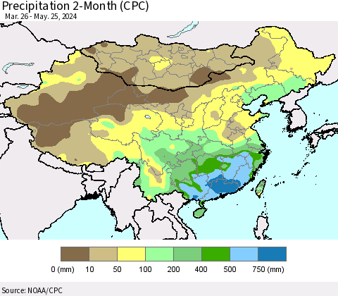 China, Mongolia and Taiwan Precipitation 2-Month (CPC) Thematic Map For 3/26/2024 - 5/25/2024
