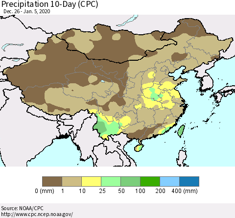 China, Mongolia and Taiwan Precipitation 10-Day (CPC) Thematic Map For 12/26/2019 - 1/5/2020