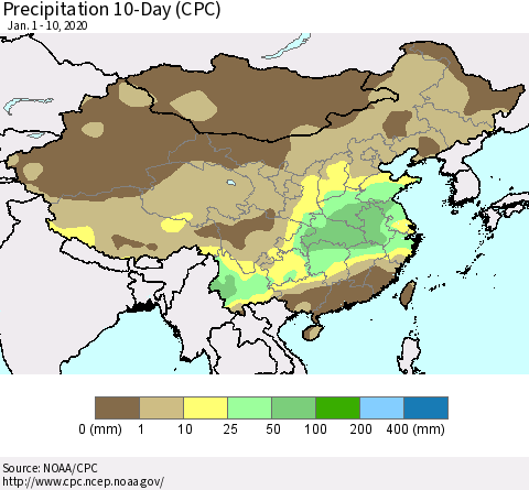 China, Mongolia and Taiwan Precipitation 10-Day (CPC) Thematic Map For 1/1/2020 - 1/10/2020