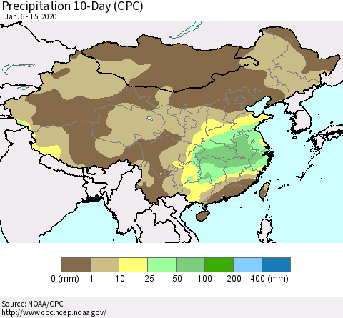 China, Mongolia and Taiwan Precipitation 10-Day (CPC) Thematic Map For 1/6/2020 - 1/15/2020