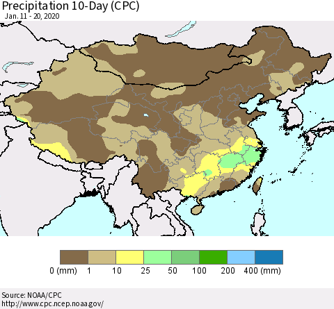 China, Mongolia and Taiwan Precipitation 10-Day (CPC) Thematic Map For 1/11/2020 - 1/20/2020