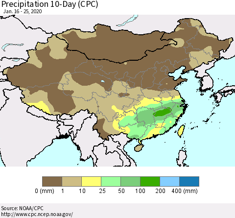 China, Mongolia and Taiwan Precipitation 10-Day (CPC) Thematic Map For 1/16/2020 - 1/25/2020