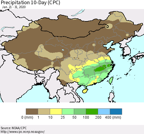 China, Mongolia and Taiwan Precipitation 10-Day (CPC) Thematic Map For 1/21/2020 - 1/31/2020