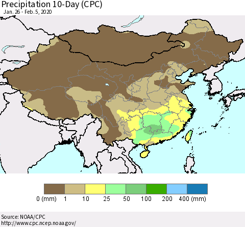 China, Mongolia and Taiwan Precipitation 10-Day (CPC) Thematic Map For 1/26/2020 - 2/5/2020