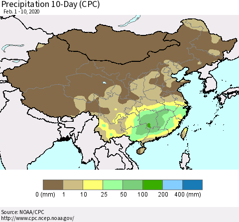 China, Mongolia and Taiwan Precipitation 10-Day (CPC) Thematic Map For 2/1/2020 - 2/10/2020