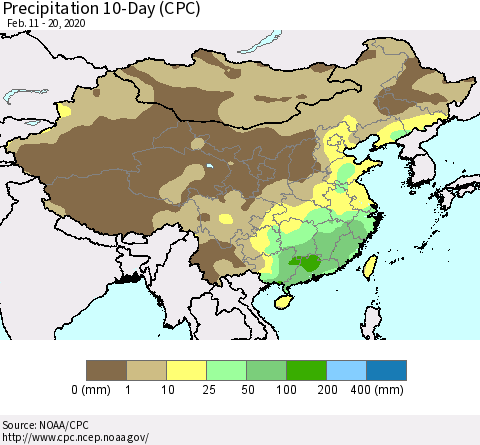 China, Mongolia and Taiwan Precipitation 10-Day (CPC) Thematic Map For 2/11/2020 - 2/20/2020