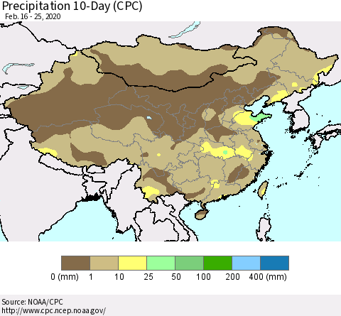 China, Mongolia and Taiwan Precipitation 10-Day (CPC) Thematic Map For 2/16/2020 - 2/25/2020