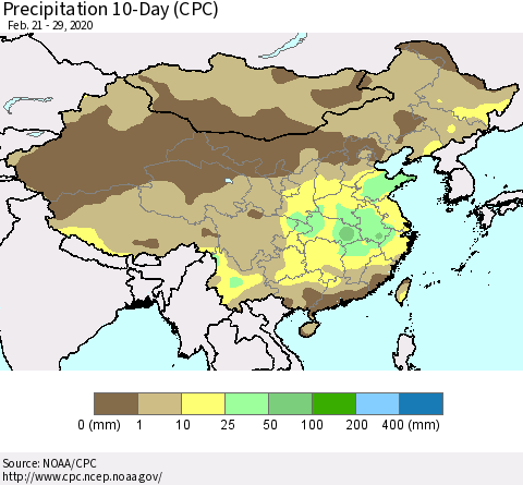 China, Mongolia and Taiwan Precipitation 10-Day (CPC) Thematic Map For 2/21/2020 - 2/29/2020