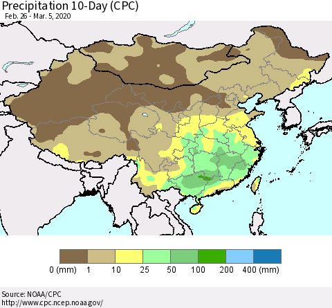 China, Mongolia and Taiwan Precipitation 10-Day (CPC) Thematic Map For 2/26/2020 - 3/5/2020