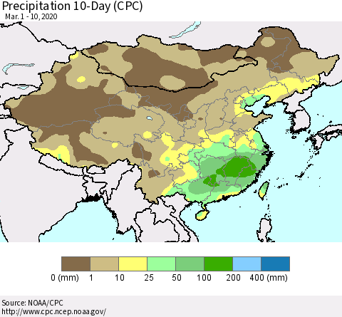 China, Mongolia and Taiwan Precipitation 10-Day (CPC) Thematic Map For 3/1/2020 - 3/10/2020