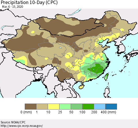 China, Mongolia and Taiwan Precipitation 10-Day (CPC) Thematic Map For 3/6/2020 - 3/15/2020