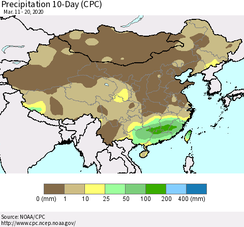 China, Mongolia and Taiwan Precipitation 10-Day (CPC) Thematic Map For 3/11/2020 - 3/20/2020