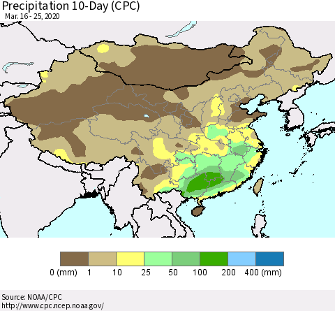China, Mongolia and Taiwan Precipitation 10-Day (CPC) Thematic Map For 3/16/2020 - 3/25/2020