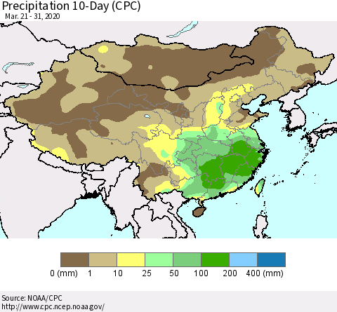 China, Mongolia and Taiwan Precipitation 10-Day (CPC) Thematic Map For 3/21/2020 - 3/31/2020