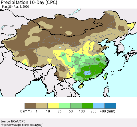China, Mongolia and Taiwan Precipitation 10-Day (CPC) Thematic Map For 3/26/2020 - 4/5/2020