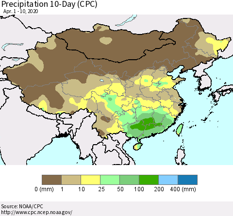 China, Mongolia and Taiwan Precipitation 10-Day (CPC) Thematic Map For 4/1/2020 - 4/10/2020