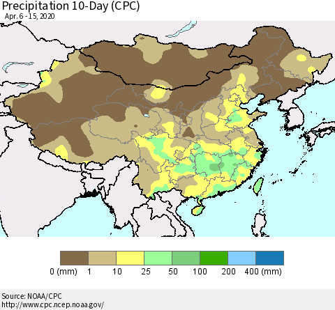 China, Mongolia and Taiwan Precipitation 10-Day (CPC) Thematic Map For 4/6/2020 - 4/15/2020