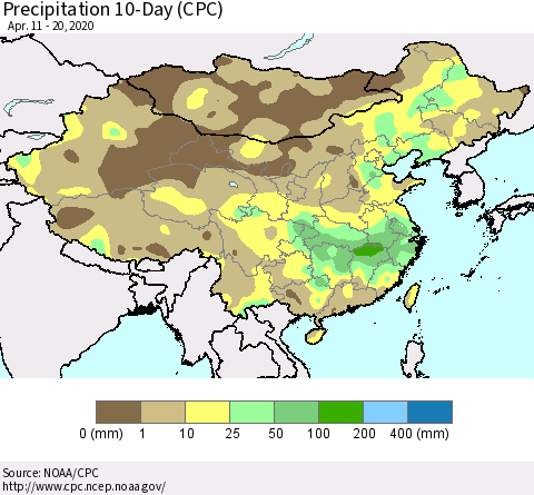China, Mongolia and Taiwan Precipitation 10-Day (CPC) Thematic Map For 4/11/2020 - 4/20/2020