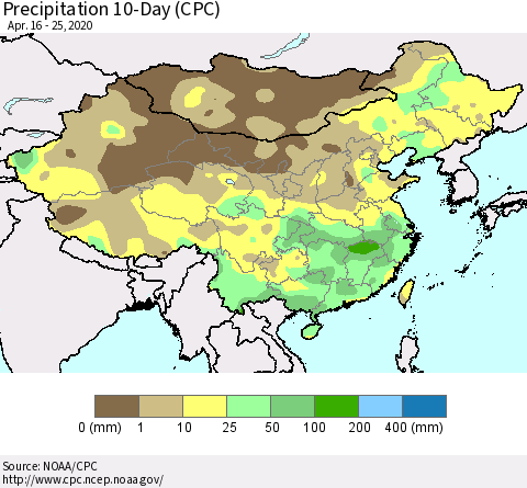 China, Mongolia and Taiwan Precipitation 10-Day (CPC) Thematic Map For 4/16/2020 - 4/25/2020