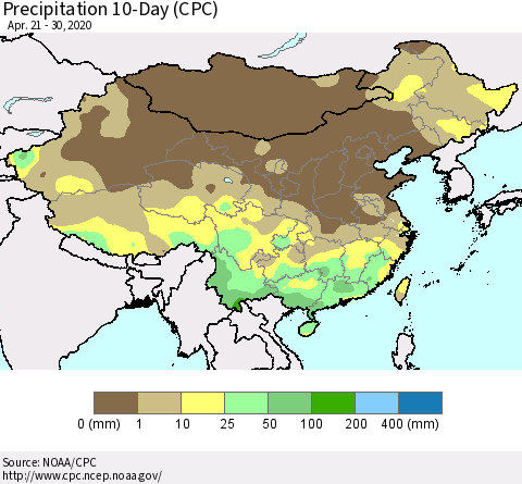 China, Mongolia and Taiwan Precipitation 10-Day (CPC) Thematic Map For 4/21/2020 - 4/30/2020