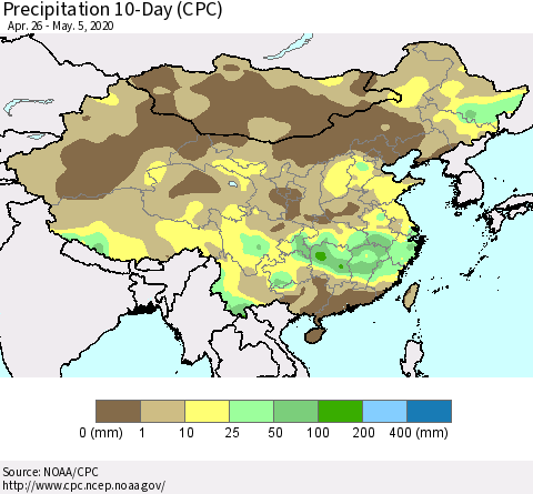 China, Mongolia and Taiwan Precipitation 10-Day (CPC) Thematic Map For 4/26/2020 - 5/5/2020