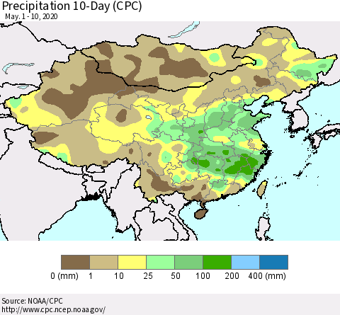 China, Mongolia and Taiwan Precipitation 10-Day (CPC) Thematic Map For 5/1/2020 - 5/10/2020