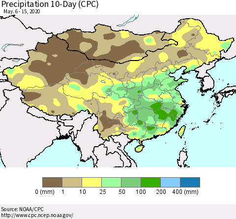 China, Mongolia and Taiwan Precipitation 10-Day (CPC) Thematic Map For 5/6/2020 - 5/15/2020