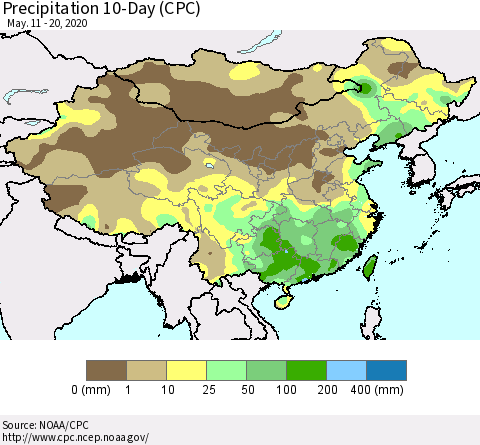 China, Mongolia and Taiwan Precipitation 10-Day (CPC) Thematic Map For 5/11/2020 - 5/20/2020