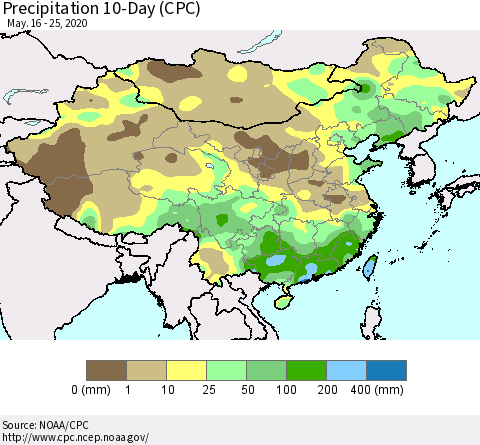 China, Mongolia and Taiwan Precipitation 10-Day (CPC) Thematic Map For 5/16/2020 - 5/25/2020