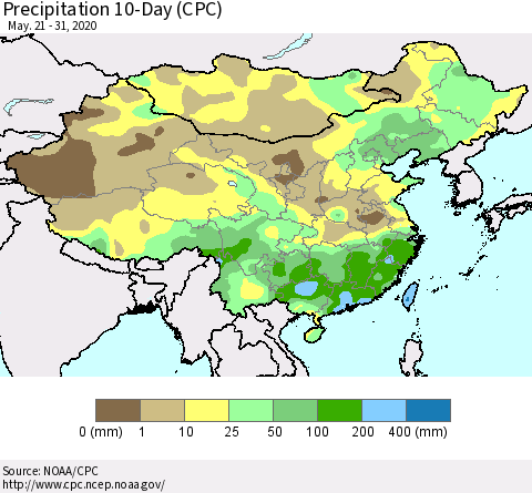 China, Mongolia and Taiwan Precipitation 10-Day (CPC) Thematic Map For 5/21/2020 - 5/31/2020