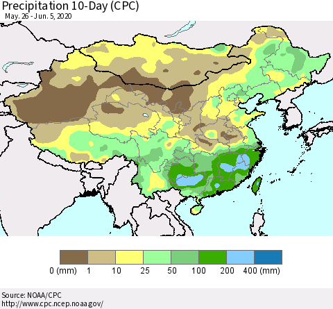 China, Mongolia and Taiwan Precipitation 10-Day (CPC) Thematic Map For 5/26/2020 - 6/5/2020