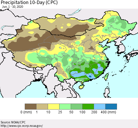 China, Mongolia and Taiwan Precipitation 10-Day (CPC) Thematic Map For 6/1/2020 - 6/10/2020