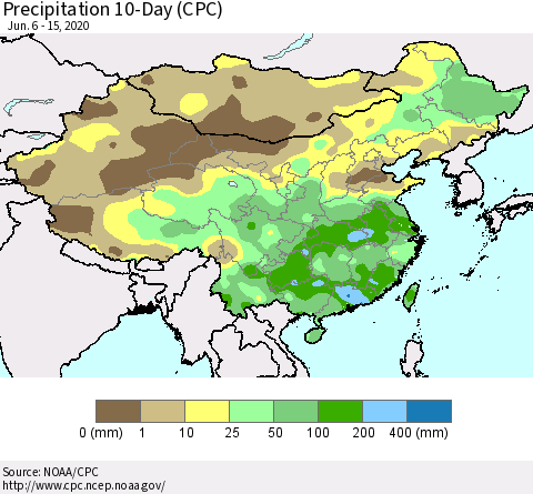 China, Mongolia and Taiwan Precipitation 10-Day (CPC) Thematic Map For 6/6/2020 - 6/15/2020