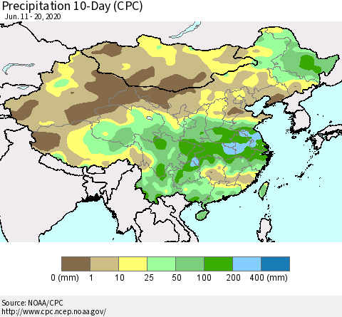China, Mongolia and Taiwan Precipitation 10-Day (CPC) Thematic Map For 6/11/2020 - 6/20/2020